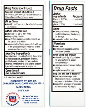 Rite Aid Artificial Tears, Polyethylene Glycol Lubricant Eye Drops - 1 oz | Eye Lubricant Drops for Dry Eyes | Dry Eye Formula | Eye Care for Age-Related Dry Eyes | Replenishes Tears & Refreshes Eyes