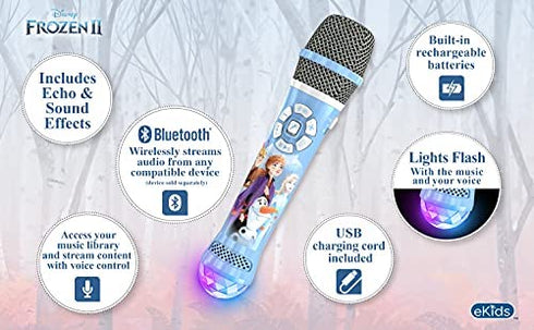 eKids Disney Frozen 2 Bluetooth Karaoke Microphone with LED Disco Party Lights, Portable Bluetooth Speaker Compatible with Siri Google Assistant, for Fans of Frozen Toys and Gifts