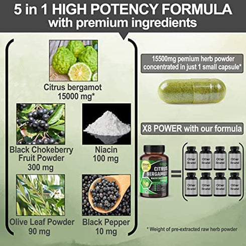 Premium Citrus Bergamot 15500 mg Organic Cholesterol Supplement with Niacin Black Chokeberry Olive Leaf Black Pepper - Heart & Cardiovascular Health Support 90-Day Support (90 Count (Pack 1))