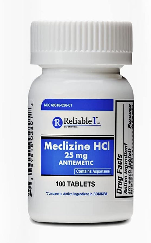 RELIABLE 1 LABORATORIES Meclizine 25 mg Generic Bonine Motion Sickness (100 Chewable Tablets, 1 Bottle) - Prevent nausea, vomiting, and dizziness caused by motion sickness