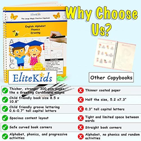EliteKids Large Magic Practice Copybook for Kids. Groove Letter Tracing Alphabet Book, Phonics and Handwriting Book in English. Pre K and Kindergarten Workbook with Copy Book Magical Writing Pen.