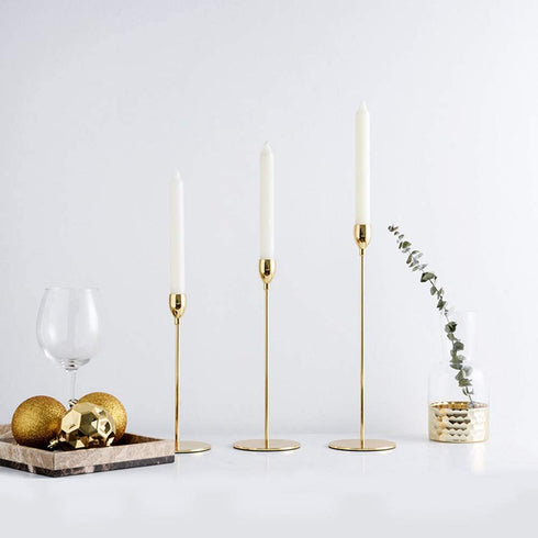 Suwimut Set of 3 Gold Candle Holders for Tapered Candles, Table Decorative Candlestick Holders Metal Candle Stand Fits 3/4 Inch Slim Candles and Led for Dining Party Wedding