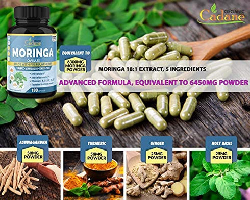 Organic Moringa Extract Capsules equivalent to 6450mg, 6 Months Supply & Ashwagandha, Tulsi, Ginger, Turmeric| Energy Booster, Immune Support| Multi Vitamin Oleifera Leaf|Antioxidant Inflammatory Herb