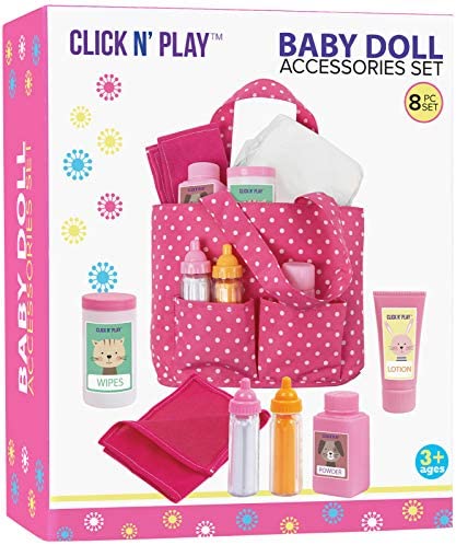 Click N' Play Baby Girl Doll Diaper Bag, Pink Soft Carrying Bag Including Cleaning, Caring and Feeding Accessories