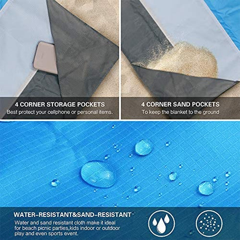 Beach Blanket Sand Proof Beach Mat Sand Free Extra Large Oversized for 4-7 Adults Waterproof Big & Compact Sandless Picnic Mat Quick Drying Nylon Lightweight with 6 Stakes & 4 Corner Pocket (7'×6.6')