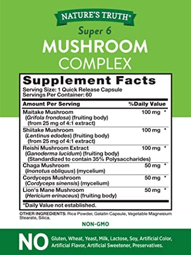 Mushroom Supplement Capsules | 60 Count | Full Spectrum | Non-GMO, Gluten Free | Complex of Super 6 Mushrooms | by Nature's Truth