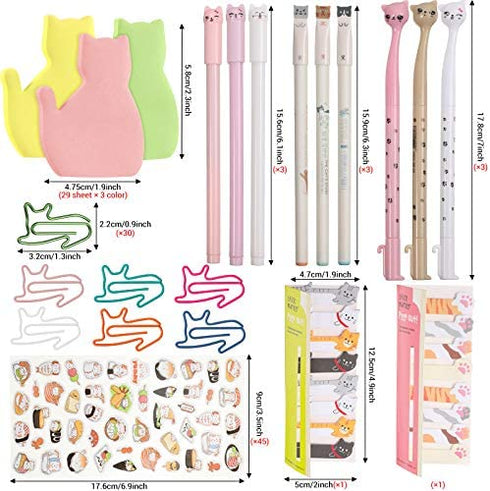Cat Adhesive Notes Pen Set, Cat Self-Stick Page Flags with 9 Cat Gel Ink Pens 30 Cat Shaped Paper Clips and Cartoon Cat Stickers, Cat Index Tabs Kits for Home School Office
