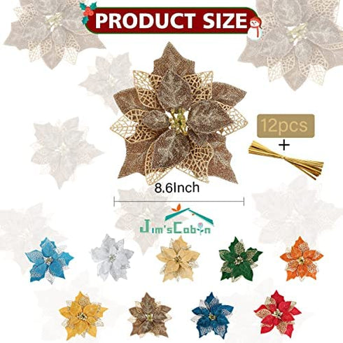Jim's Cabin Artificial Flowers Pack of 12 Glitter Poinsettias for Christmas Tree Ornaments Butterfly Christmas Gold Decorations (Gold Brown)