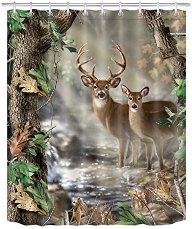 Wildlife Deer Shower Curtains for Bathroom Decor,Hunting Camo Shower Curtain Bathroom Decor,Foggy Forest Elk Animal Curtain Waterproof Fabric 59x70 Inches with Hooks