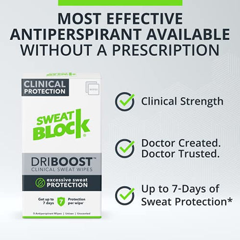 SweatBlock DRIBOOST Clinical Strength Antiperspirant Wipes - Treat Hyperhidrosis, Excessive Sweating, & Stop Pit Stains - Up to 7 days Protection Per Wipe - 5 ct - Unisex