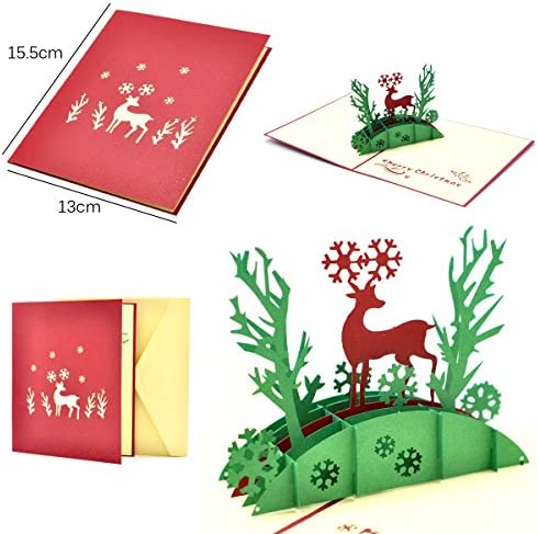 eZAKKA Christmas Cards, 3D Christmas Cards Pop Up Holiday Greeting Gifts Cards with Envelopes for Xmas Merry Christmas New Year, 5-Pack