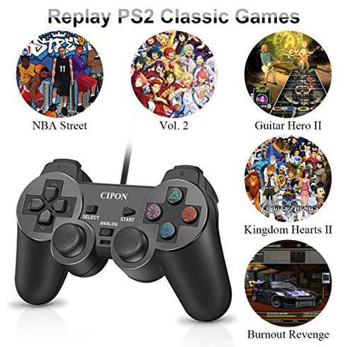 CIPON Wired Controller Compatible with PS2 Console, Black Remote Gamepad with 2.2M Cable