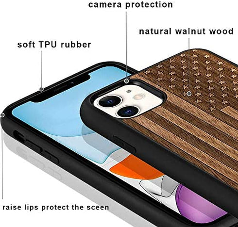 JUBECO iPhone 11 Case Wood,Wooden+Soft TPU Bumper Slim Anti-Shock Cover for iPhone 11 6.1inch (Us Flag)