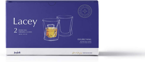 JoyJolt Lacey Whiskey Double Wall Glasses, Set of 2 Insulated Whiskey Glass, 10-Ounces.