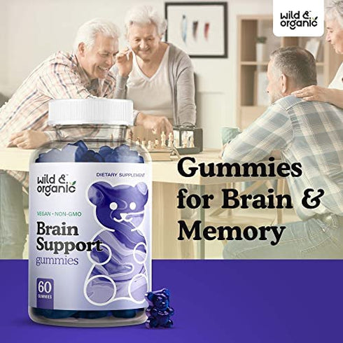 Wild & Organic Brain Booster Gummies - Natural Nootropic Dietary Supplement to Support Cognitive Function, Sharpen Memory - Ashwagandha, Bacopa, Ginkgo Biloba, Rhodiola Rosea, DMAE - 60 Chewables