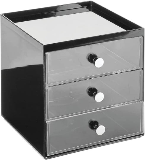 mDesign Plastic Makeup Organizer Storage Station Cube with 3 Drawers for Bathroom Vanity, Cabinet, Countertops - Holds Lip Gloss, Eyeshadow Palettes, Brushes, Blush, Mascara - Black/Clear