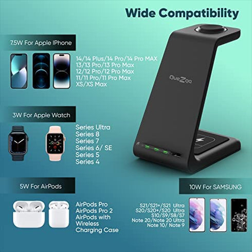 Quezqa Wireless Charging Stand - Fast Wireless Charger - 3 in 1 Charging Station for Apple AirPods Pro 3 2 Apple Watch Ultra 8 7 SE 6 5 4 iPhone 14 Pro Max 14 Plus 13 12 11 Pro Max with QC3.0 Adapter
