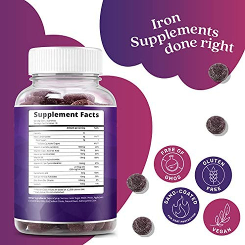 BeLive Iron Gummies - 60 Ct I Multivitamin Iron Supplement with Vitamin C, A, B & Zinc, Supports Blood Oxygen, Vegan Iron Supplements for Women, Men & Kids for Growth and Development - Grape Flavor