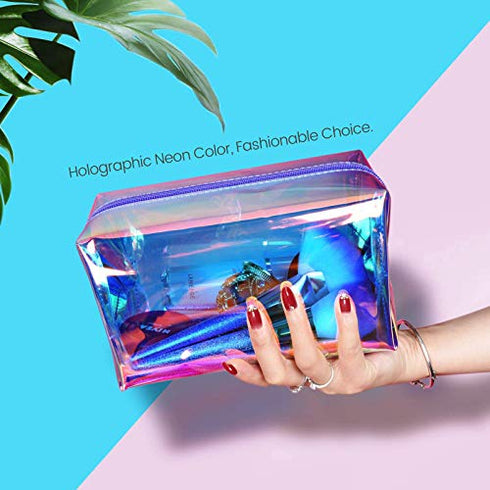 Cambond Holographic Makeup Bag, Clear Cosmetic Bag Large Iridescent Makeup Pouch Toiletry Organizer Cute Pencil Case Stationery Box, Gifts for College Girls Teens Women (Holographic Purple)