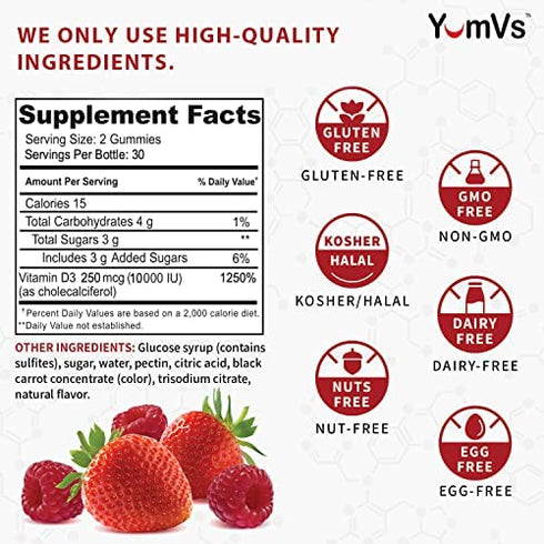 Vitamin D3 10000 IU Maximum Strength Gummies for Adults by YumVs | Vitamin D 5000 iu per Gummy | 250 mcg – Vitamin D per Serving | Kosher Vegetarian Chewables Berry Flavor - 60 Count