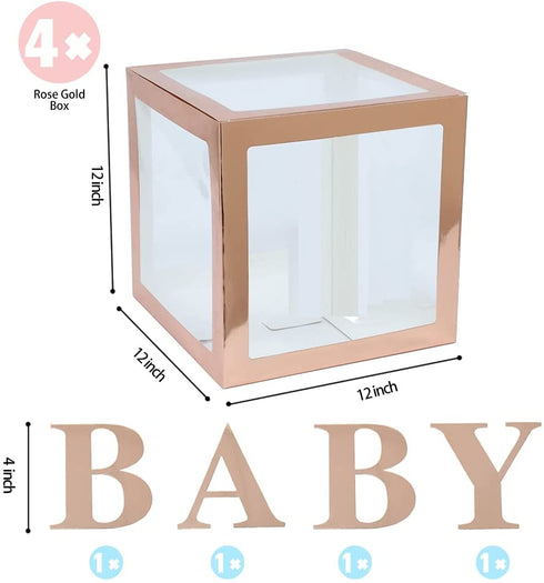 Rose Gold Baby Shower Boxes Party Decorations 4 Clear & Transparent Blocks, First Birthday Centerpiece Decor Supplies for Boys and Girls, Gender Decor (Rose gold)