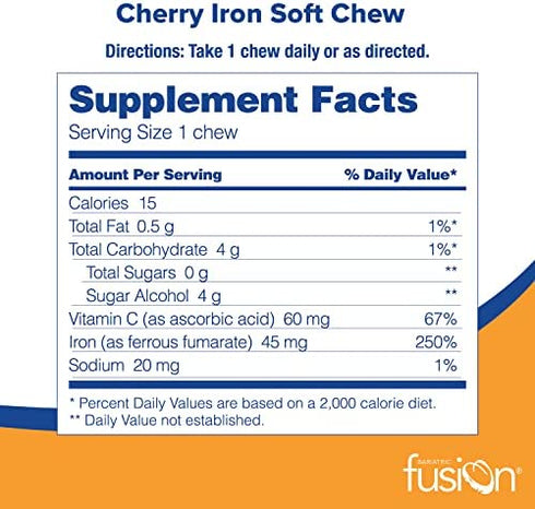 Bariatric Fusion Iron Soft Chew with Vitamin C | Cherry Flavored | Iron Supplement Chewy Vitamin for Bariatric Patients Including Gastric Bypass and Sleeve Gastrectomy | 60 Count | 2 Month Supply