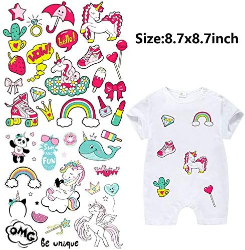 Kids Iron on Stickers Patches Unicorn Heat Transfer Stickers 4 Sheets Cute Applique Patches for Unicorn Party Favors Supplies Girls Baby DIY Unicorn Costume Accessories Washable Iron on Stickers