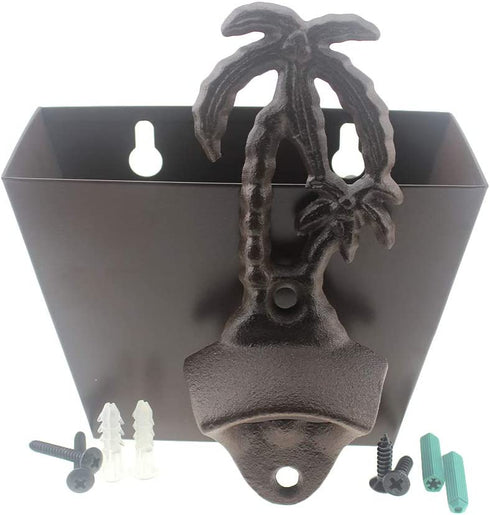 Retro Palm Tree Beer Bottle Opener Wall Mounted and Vintage Stainless Steel Cap Catcher Bin Set for Pop Soda Kitchens Patio Beach (Rustic Coconut)1