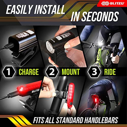 BLITZU Gator 450 Lumens Bike Lights Front and Back Set, Headlight and Tail Rear Light, USB Rechargeable Bicycle Lamp, Waterproof, LED Safety Flashlight Cycling Accessories, Fits Adult Kids MTB Helmet