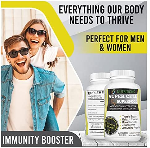 O NUTRITIONS Certified Organic Sea Moss, Super Cell Superfood Made with Organic Irish Sea Moss, Bladderwrack and Burdock Root, Wildcrafted Sea Moss Capsules, Vegan Seamoss Pill (Super Cell Superfood)