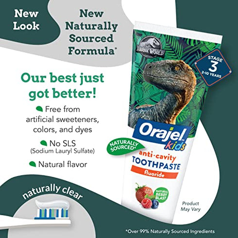 Orajel Jurassic World Anticavity Fluoride Berry Blast Flavor- Kids Toothpaste Tube, 4.2 Oz