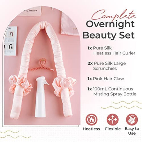 Zengaia Silk Heatless Hair Curler- No Heat Curlers for Overnight Curls & Waves 100% Pure Momme Mulberry Silk Make Hair Curly While You Sleep - Soft Headband Continuous Spray Bottle
