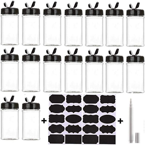 16 Pack 7oz Clear Plastic Spice Jars Storage Container Bottle Containers with Black Cap Perfect for Storing Spice,Herbs and Powders(Provide chalkboard labels,Chalk Marker)