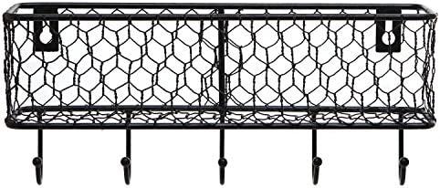 MyGift Wall Mounted Farmhouse Matte Black Chicken Wire Metal Entryway Mail Holder Letter Organizer Storage Basket with 5 Key Hooks