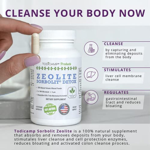 TODICAMP Zeolite Detox - Zeolite Capsules Sorbolit Ultra FINE 1-2 µm - Zeolite Clinoptilolite Powder 95% - 3X Activated - 120 Capsules - Zeolite Powder Supplement - 2 Months Supply