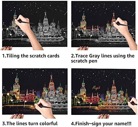 Scratch Paper Art Rainbow Painting, Scratch Art Set Gift Crafts Painting with 5 Tools, Womens Hobbies for Teen & Adult – 2 Pack 16 x 11.2 inch