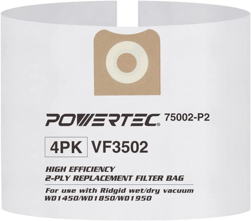 POWERTEC 75002P2 Filter Bags for Ridgid VF3502 12-16 Gal Wet Dry Vacuum, 4PK