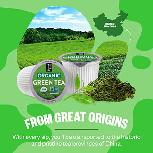 Organic Green Tea K-Cup Pods, 24 Pods by FGO - Keurig Compatible - Naturally Occurring Caffeine, Premium Green Tea is USDA Organic, Non-GMO, & Recyclable