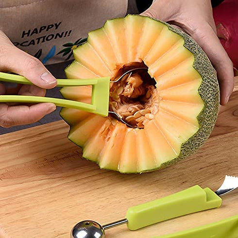 Suuker Melon Baller Scoop Set,Professional 4 In 1 Stainless Steel Watermelon Cutter Fruit Carving Tools Set,Fruit Scooper Seed Remover Watermelon Knife for Dig Pulp Separator Fruit Slicer?Green?