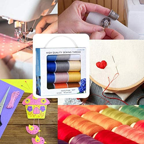 Total 1800yds SewingThread 12 Pcs Thread Spool,150Yds Each witn Buttons Sets for Sewing, Single Needle,Machine Embroidery