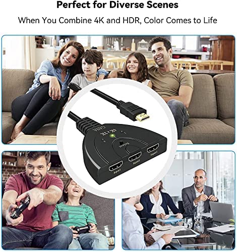 HDMI Switch, GANA 4K HDMI Splitter 3 in 1 Out, 3-Port HDMI Switcher Selector with Pigtail HDMI Cable,Supports Full HD 4K 1080P 3D Player, HDMI Hub Compatible with Fire Stick,HDTV,PS4 Game Consoles,PC