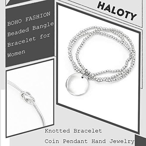 Haloty Boho Layered Knot Bangle Stackable Bracelets Silver Dainty Coin Beaded Hand Jewelry for Women and Girls 5Pcs (Coin)