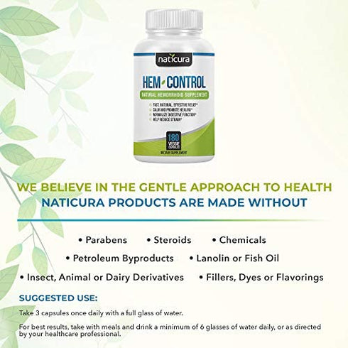 Naticura Hem-Control - Natural Treatment for Hemorrhoids with Psyllium Husks, Witch Hazel, Ginger Root - Vegan - 180 Count - Helps Maintain Bowel Movement Regularity - Digestive Support