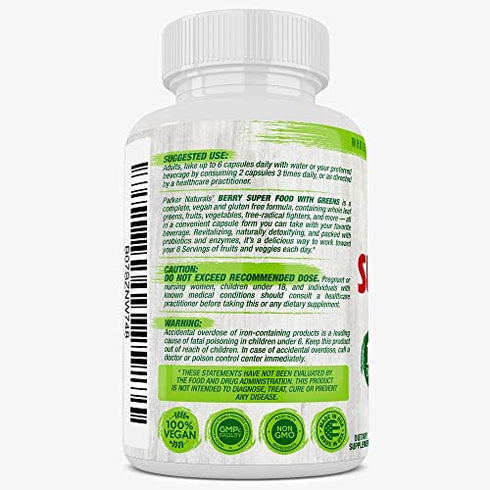 Parker Naturals Berry Green Superfood Capsules 180 ct. with Organic Greens & Organic Fruits, Enzymes, Probiotics, Antioxidants, Vitamins, Minerals - Alkalize & Detox - Non GMO, Vegan & Gluten Free