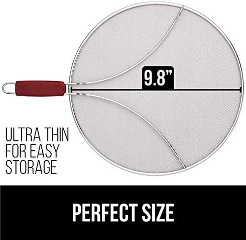 Gorilla Grip Splatter Screen for Frying Pan, Easy Clean Stainless Steel Grease Cover, Stop Hot Oil and Bacon Splash, Cooking Guard for Skillet, Comfortable Handle, Dishwasher Safe, 9.8 Inch, Red