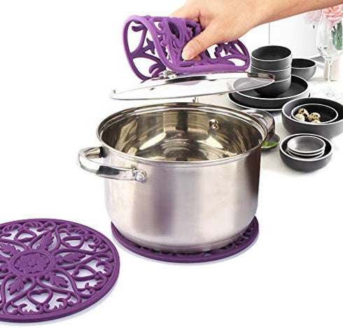 Silicone Trivet ME.FAN 3 Set Silicone Trivet Mat - Multi-Use Intricately Carved Insulated Flexible Durable Non Slip Coasters (Purple)