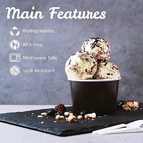 Paper Ice Cream Cups - 50-Count 9-Oz Disposable Dessert Bowls for Hot or Cold Food, 9-Ounce Party Supplies Treat Cups for Sundae, Frozen Yogurt, Soup, Black