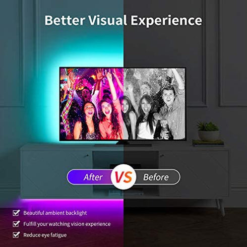 Hiromeco Bluetooth TV LED Backlight, Sync to Music and 16 Million Color Changing Lighting with APP Control, 18FT USB Strip Lights Kit for 70-82 Inch TV, Mirror, PC. USB Powered.