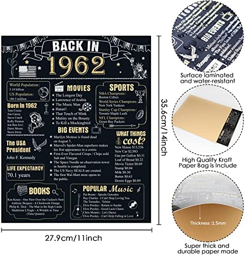 60th Birthday Decorations for Men Women 60th Birthday Gift for Him Back in 1962 Poster Decor Black and Gold 11 x 14 inch 60 Years Ago Decor(Back in 1962)