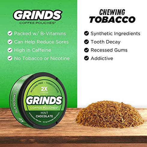 Grinds Coffee Pouches | 3 Cans of Mint Chocolate | Made in the USA | Tobacco Free, Nicotine Free Healthy Alternative | 18 Pouches Per Can | 1 Pouch eq. 1/4 Cup of Coffee (Mint Chocolate)
